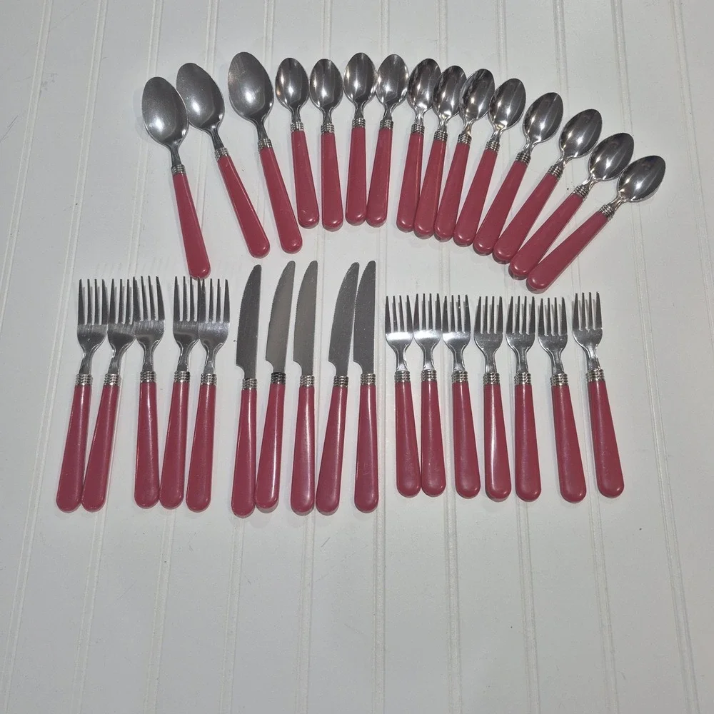 Lot of 32 Red Handle Flatware Stainless China